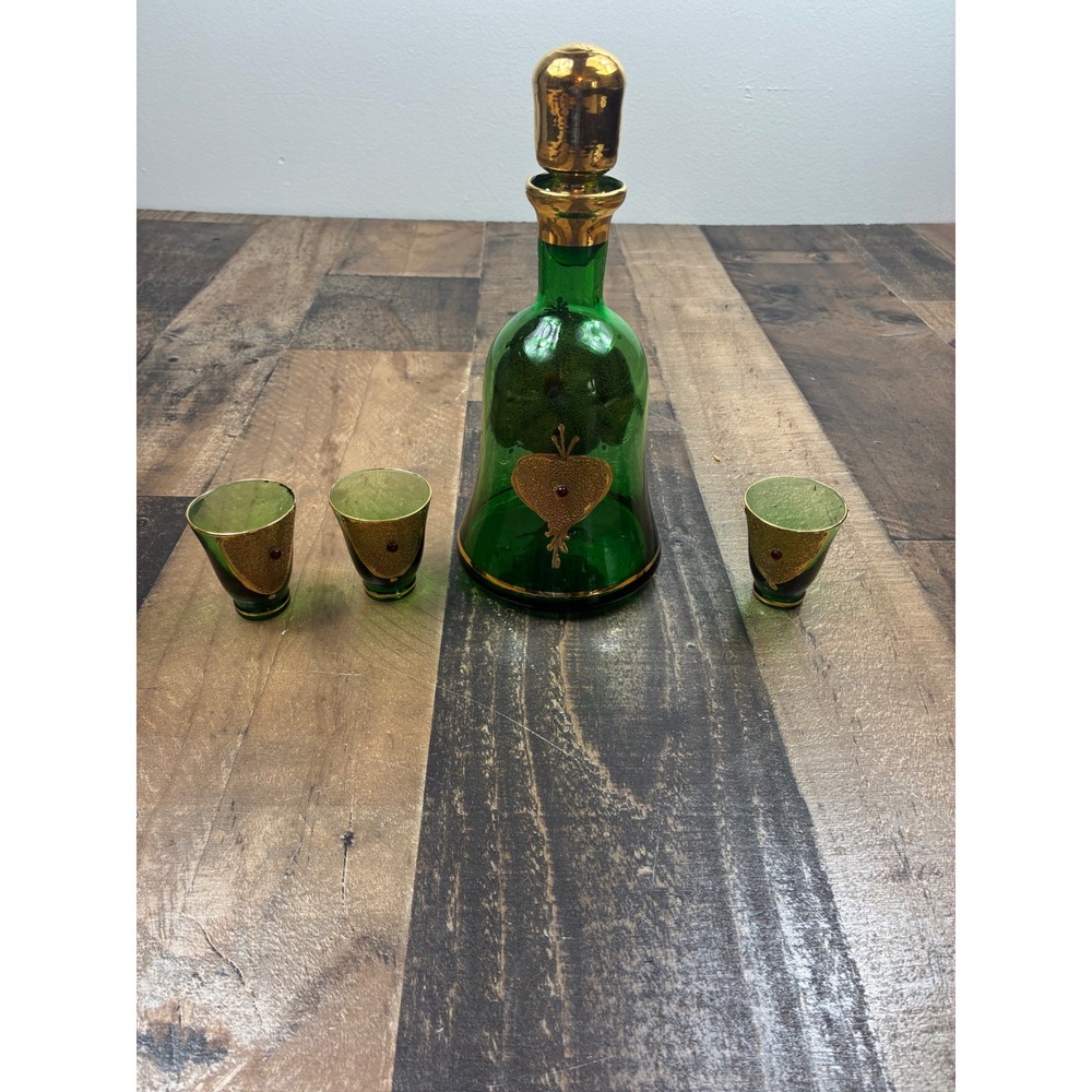 Vintage Green Glass Decanter Set Gold Metal Overlay Jeweled 4 Piece Boho Barware